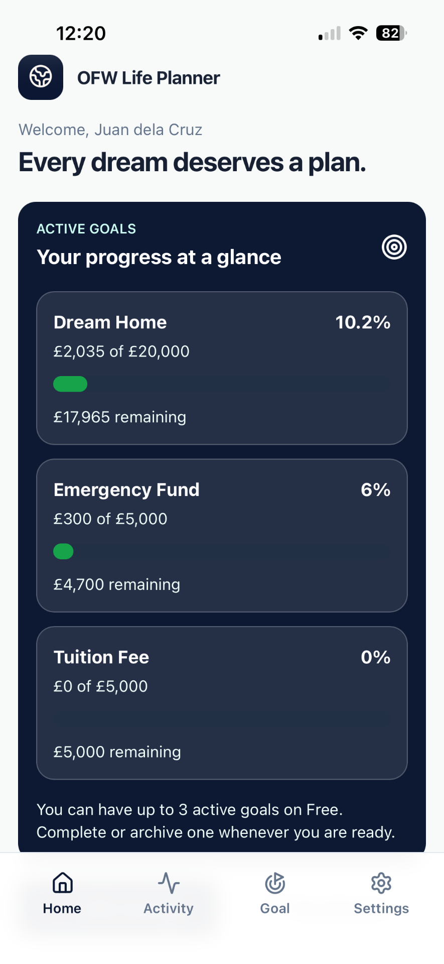 OFW Life Planner Beta showing goal progress for Dream Home, Emergency Fund and Tuition Fee