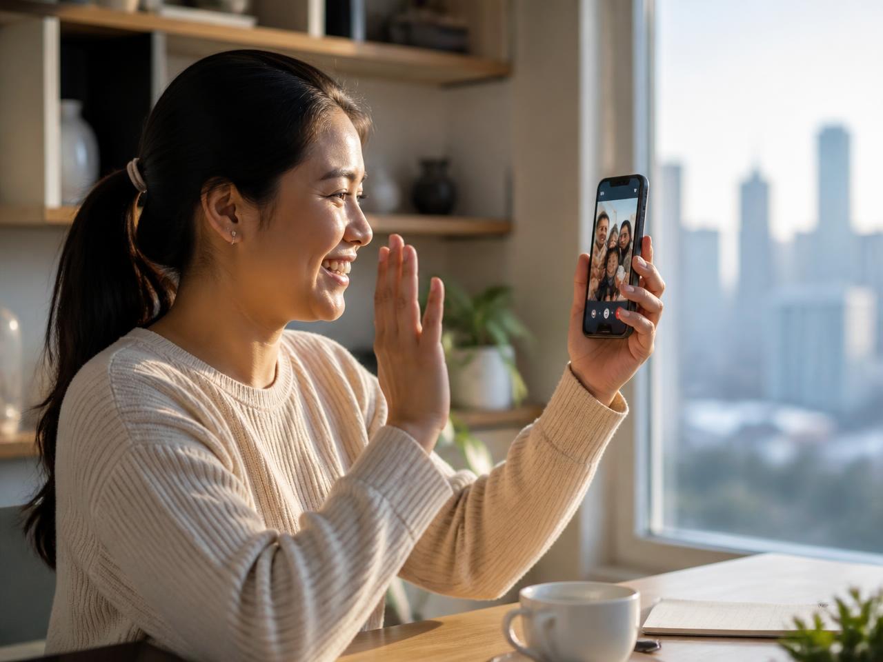 An overseas Filipino worker video-calling family from her apartment abroad